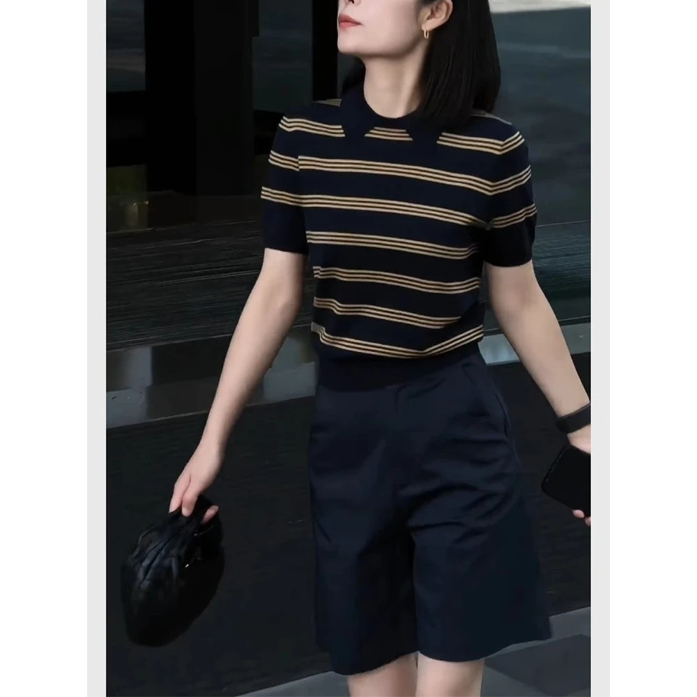 美式超好看夏季通勤女装复古上衣黑色条纹撞色POLO领短袖针织T恤