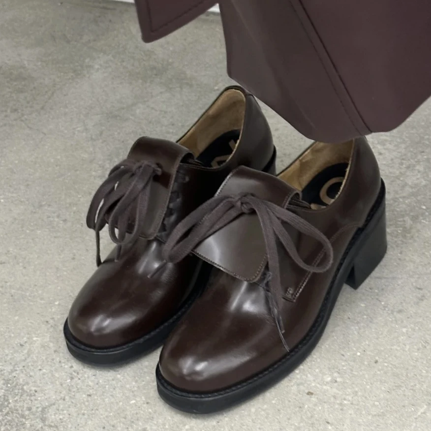 潮款黑色系带小皮鞋女2024春秋新款乐福鞋粗高跟圆头玛丽珍鞋单鞋