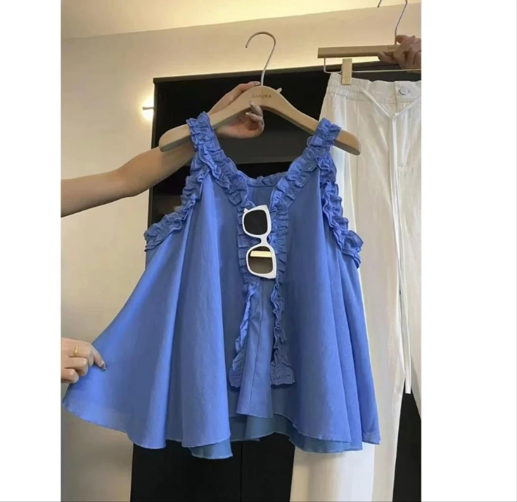 运补6新款2025v领甜美设计感拼接木耳边无袖衬衫洋气时尚吊带上衣