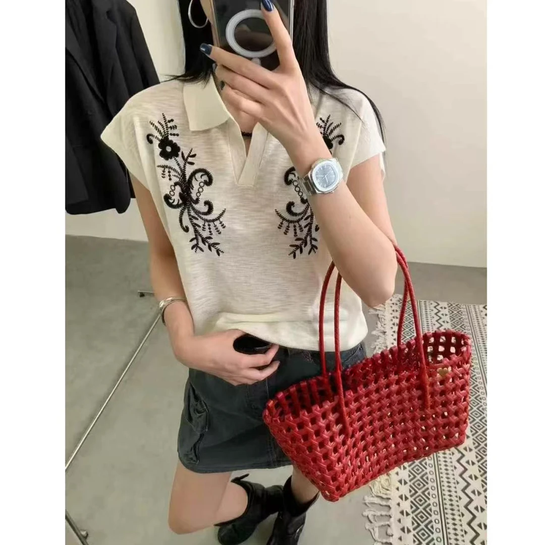 丽丽家~重工花朵时尚休闲百搭夏季减龄宽松翻领上衣