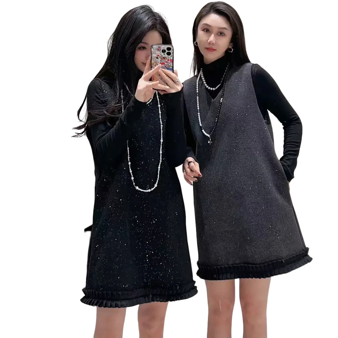 春秋新款小香风显瘦气质百搭中长款休闲背心裙套装