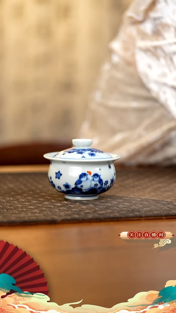 团窑 胖山雀盖碗