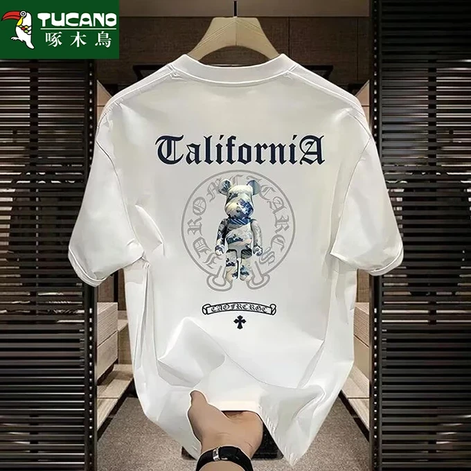 啄木鳥2025夏季潮牌纯棉短袖t恤男圆领宽松青少年印花半袖男上衣