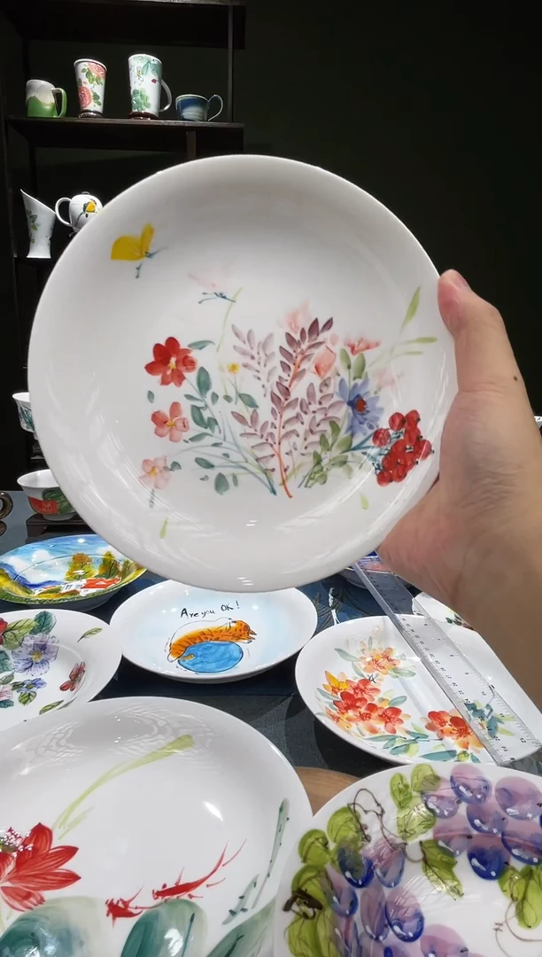 盘景德镇高温釉下彩8英寸窝盘莫奈小花