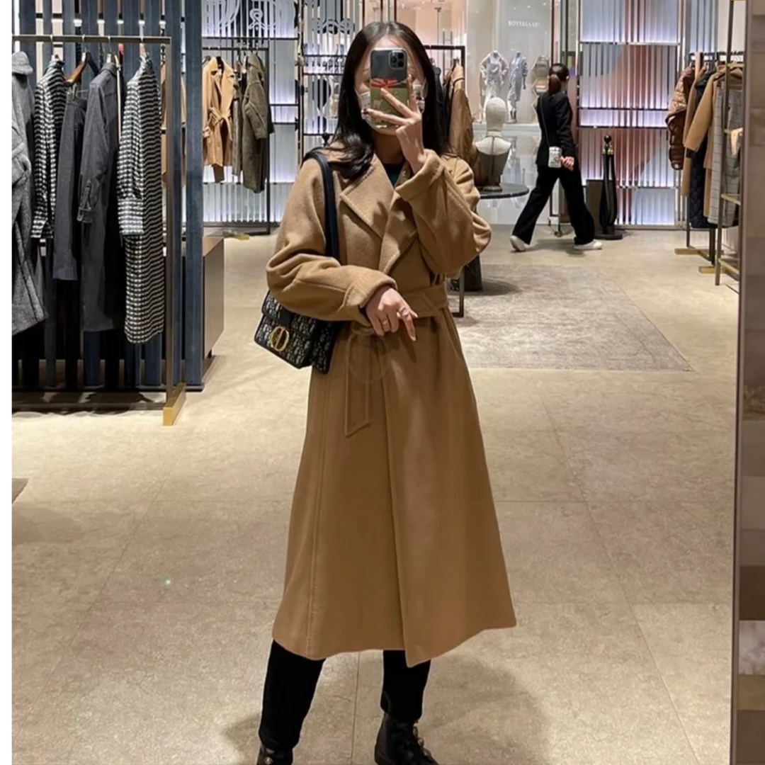 99新 MaxMara 纯色翻领长袖束腰中长款大衣/尺码34/CH030094