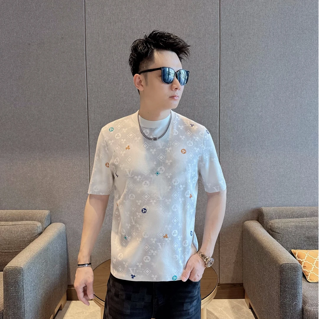 2025男士休闲欧货满身针织提花秋裤短袖网红时尚潮流圆领个性内搭