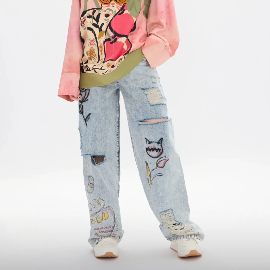 MQ 破洞涂鸦牛仔长裤 6252510205004