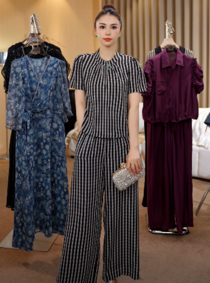 【赠送运费险】2025夏季新款6628条纹尚洋气气质修身显瘦减龄套装