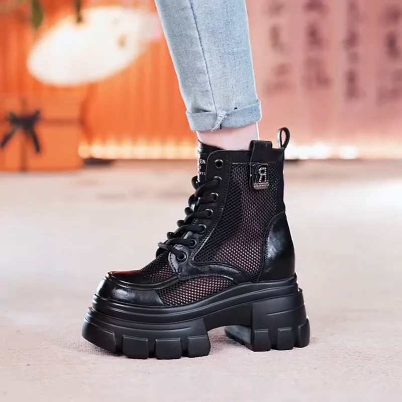 小个子网纱马丁靴女2025夏季厚底内增高10cm薄款短靴镂空透气凉靴