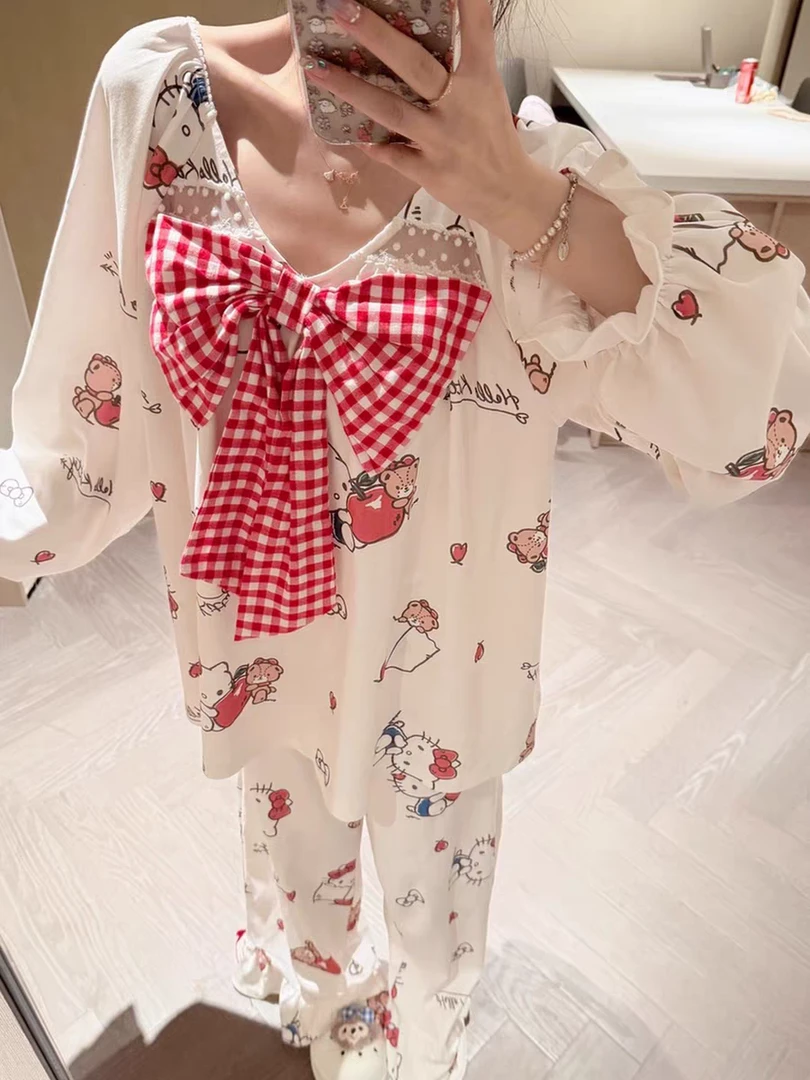 春秋季日系可爱大码薄款甜美睡衣女学生蝴蝶结长袖长裤家居服套装