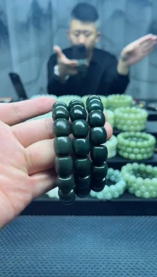 未镶嵌手串和田玉沙枣青直切卡14纯天然拍一发一