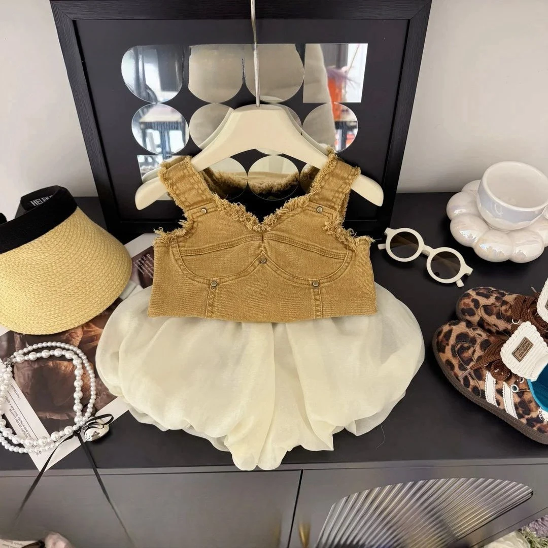女童新款童装短裤两件套潮夏季美式辣妹特定牛仔背心+花苞