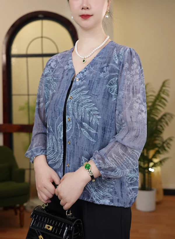[雅韵芳华]时尚提花长袖宽松百搭休闲防晒大码衬衣80709