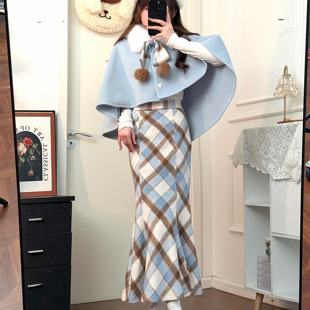 织物猪原创 冬日恋曲 千金风斗篷披肩外套女秋冬显瘦格纹鱼尾裙
