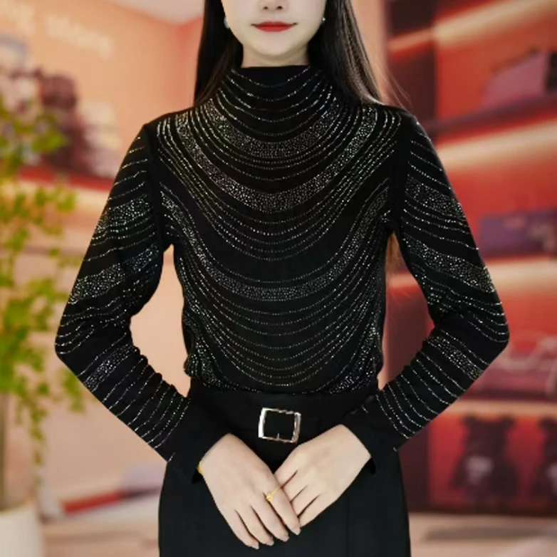 2025秋冬新款烫钻德绒显瘦洋气时尚百搭长袖女士上衣简约修身小衫