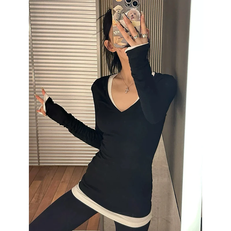 休闲打底衫早春时尚新品百搭修身显瘦大V领上衣长袖纯色气质3212