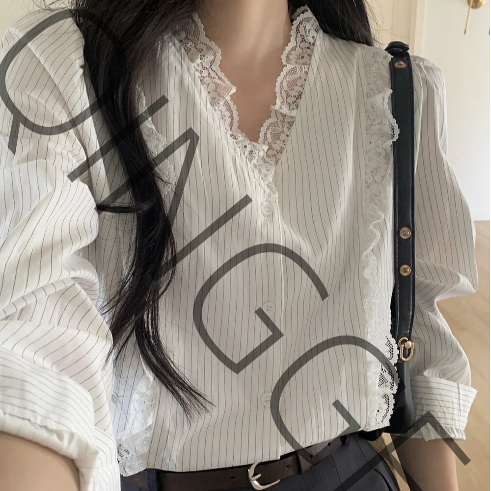 全青格T6757#春“蕾丝感染力”条纹韩风蕾丝花边V领显瘦上衣小衫