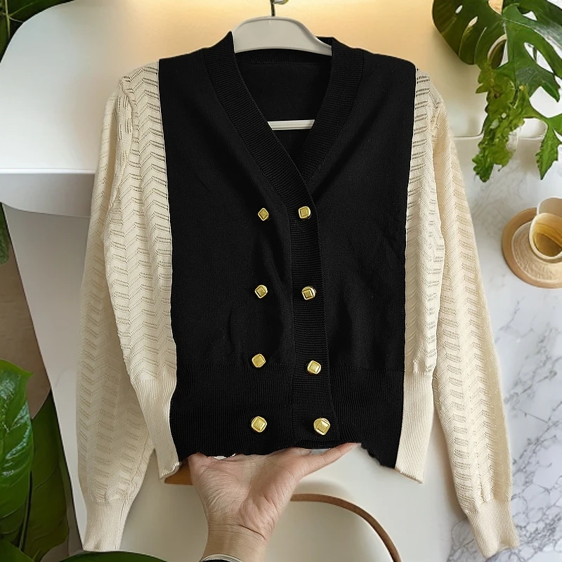 女双排扣拼接毛秋冬针织衫毛衣针织衫长袖春秋上衣气质百搭女装