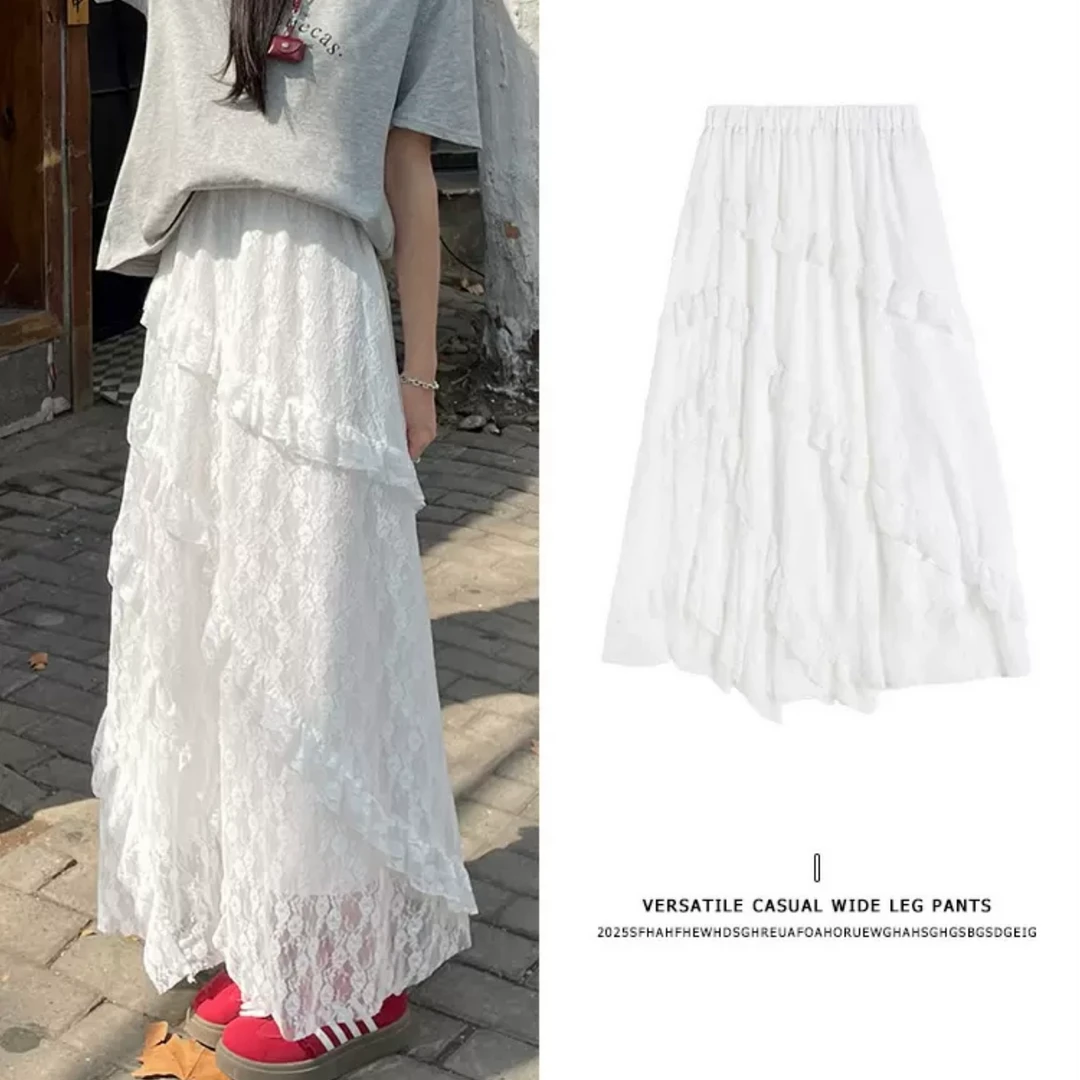 拼接斜纹蕾丝半身裙女复古风春夏穿搭显瘦A字裙