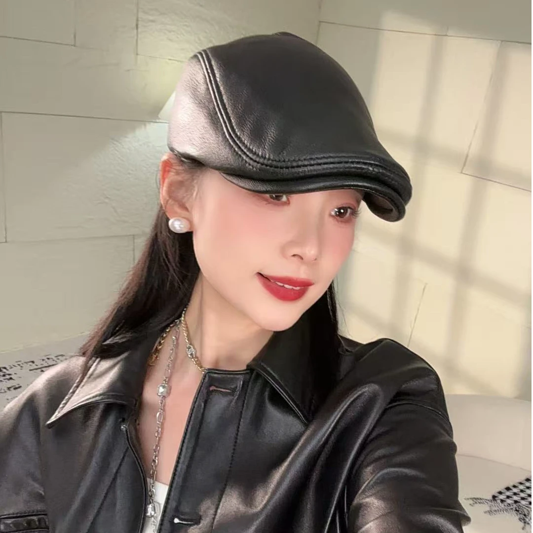 真皮绵羊皮帽子皮时尚经典黑色韩版