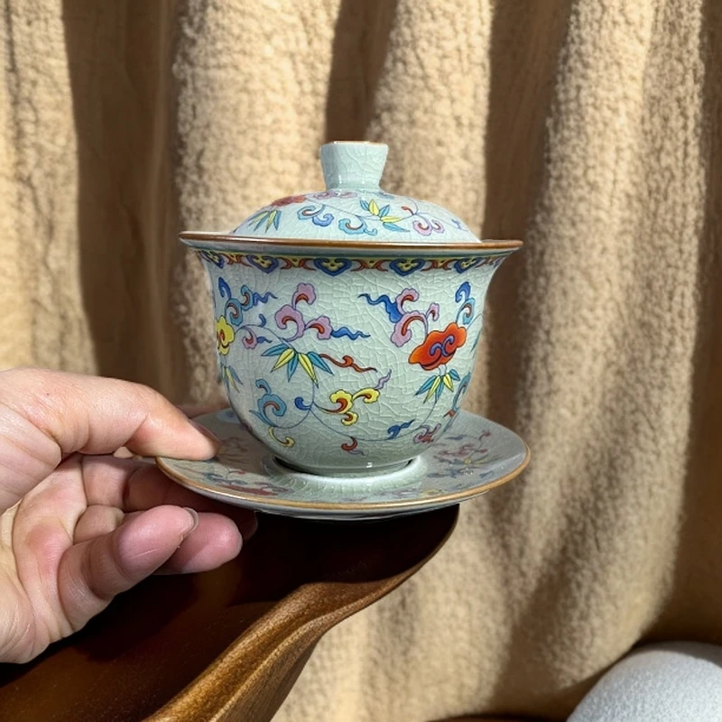 珐琅彩三才哥窑老陶泥盖碗