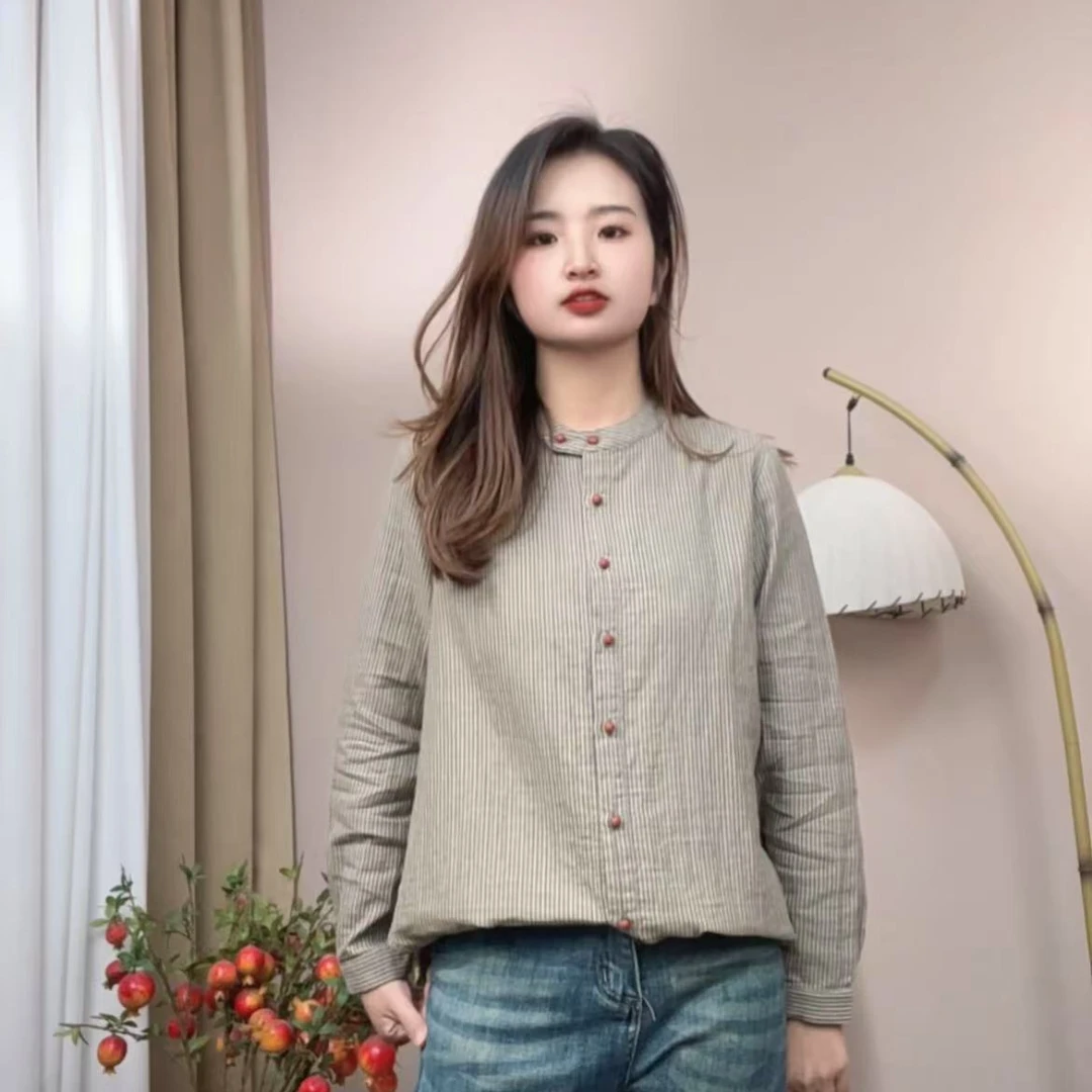 2025春季条纹立领长袖衬衫休闲简约百搭婴儿棉双层纱上衣女9627