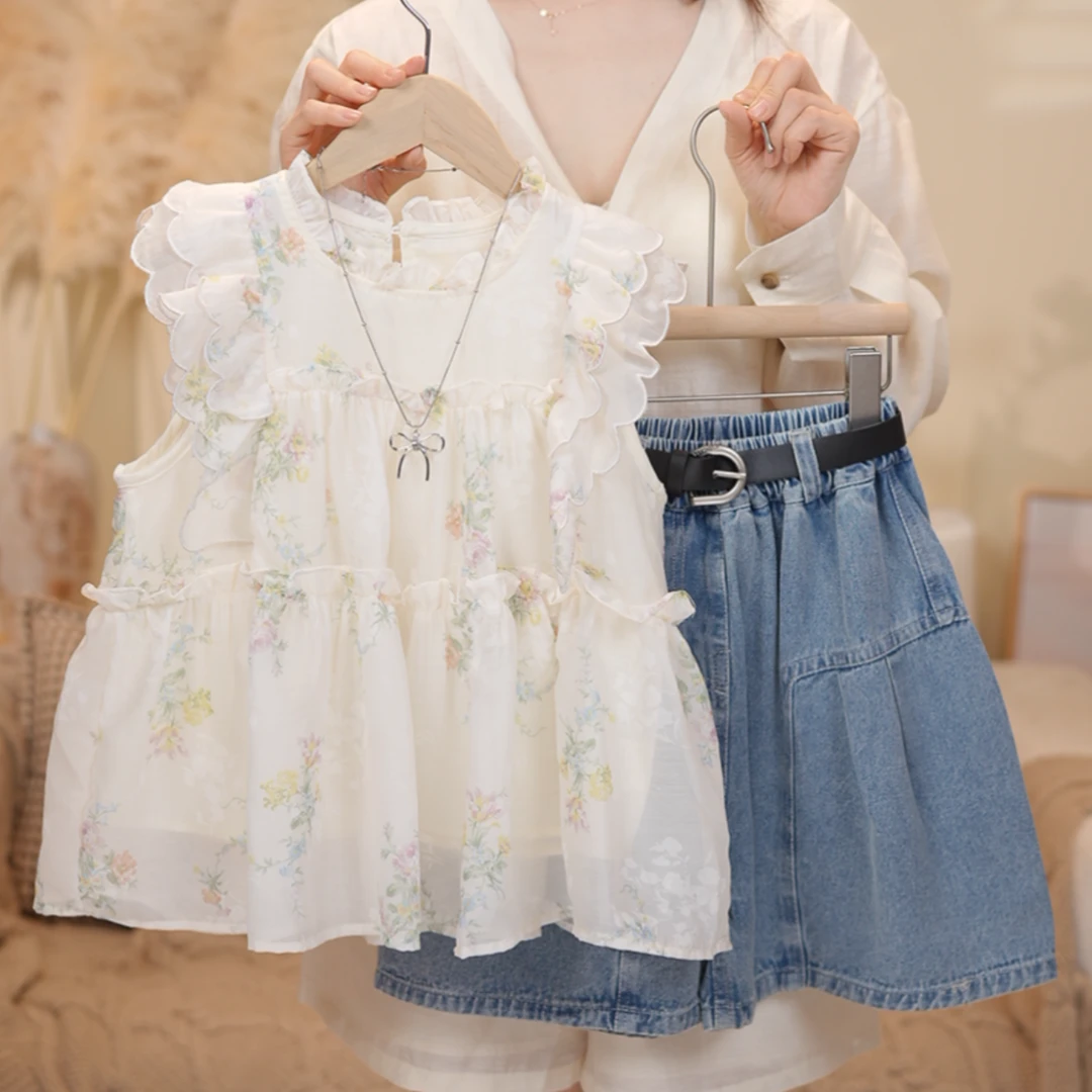 女大童夏季套装青少年初高中生无袖娃娃衫上衣牛仔短裤休闲两件套