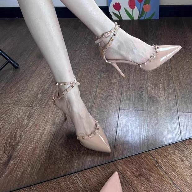 铆钉耐磨后系带细跟高跟鞋夏季搭配裙子不累脚
