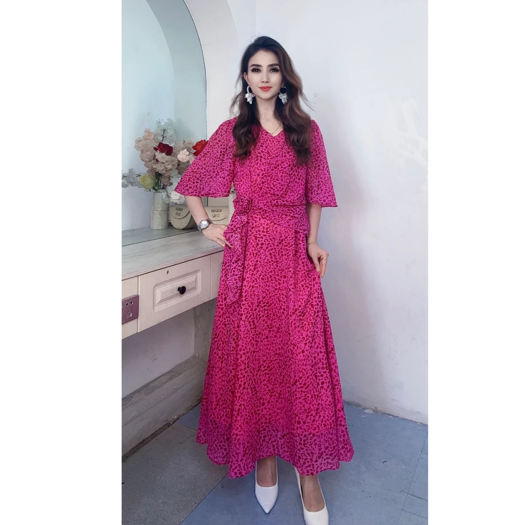 8818新款豹纹花纹气质设计款显瘦减龄女装连衣裙