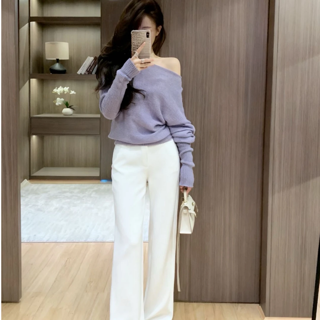 2025超火早秋一整套韩系穿搭洋气减龄一字肩毛衣高腰休闲裤子套装