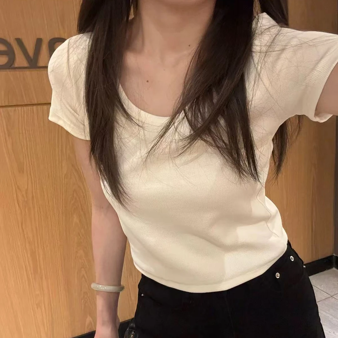 夏季u领正肩修身显瘦短款百搭辣妹纯欲上衣【欧阳柳家纺店】