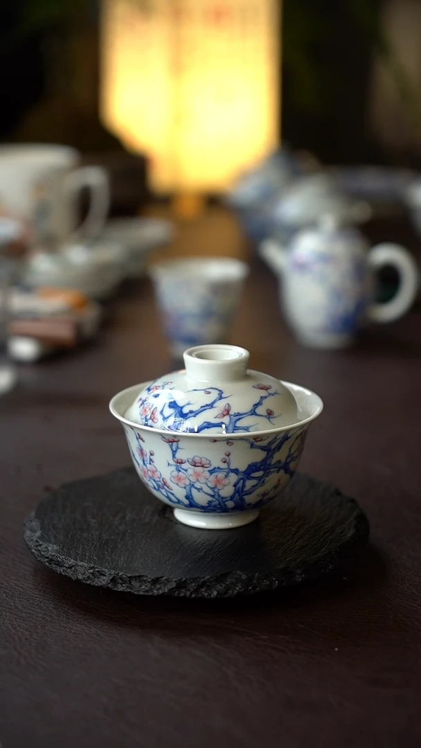 景德镇全手工手绘斗彩梅花二才盖碗