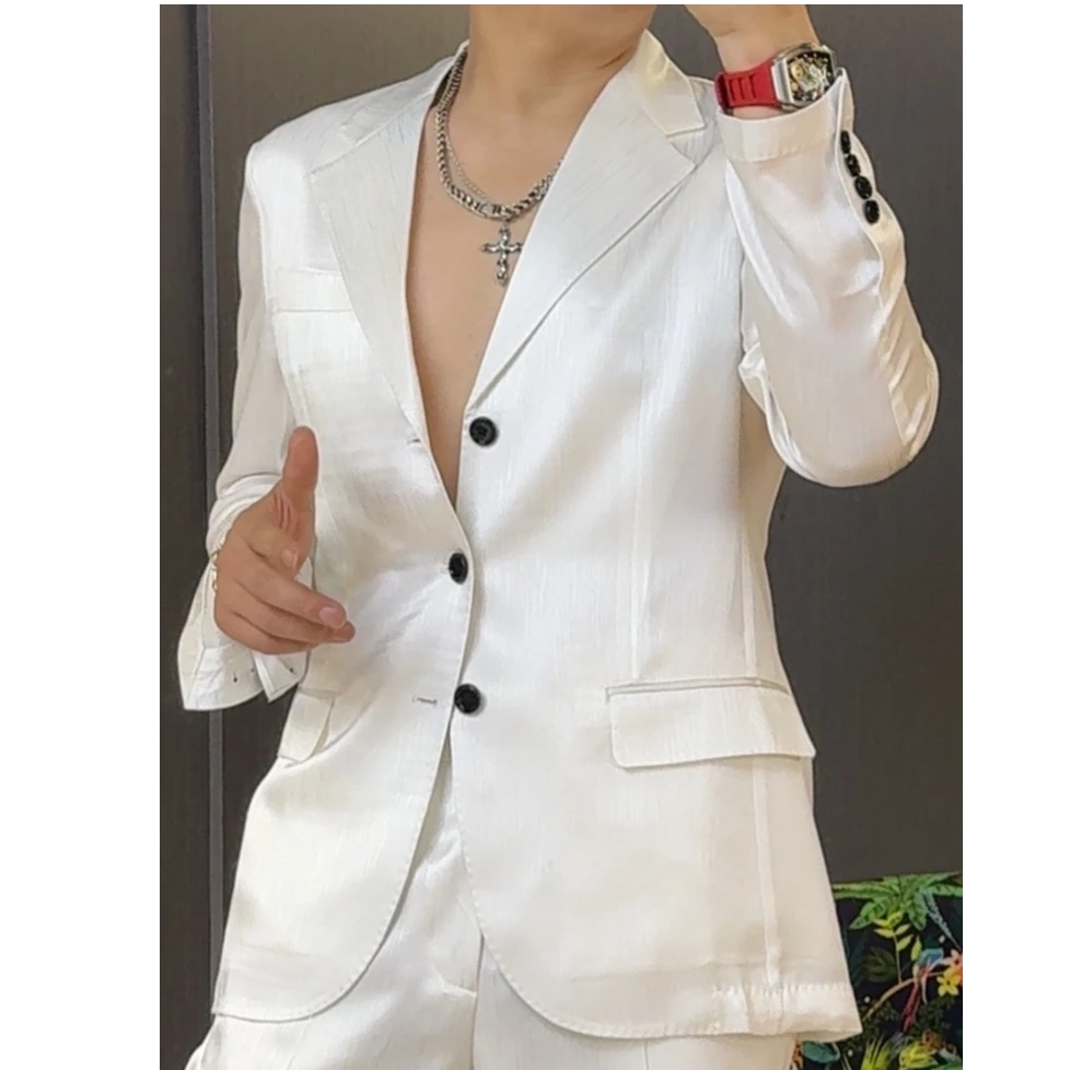 夏季暗条纹醋酸套装手工私服西服男士冰凉修身透气质感高定轻奢