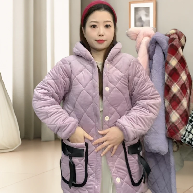 保暖蝴蝶修身型纯色扎染睡衣家居服女士格子秋冬百搭