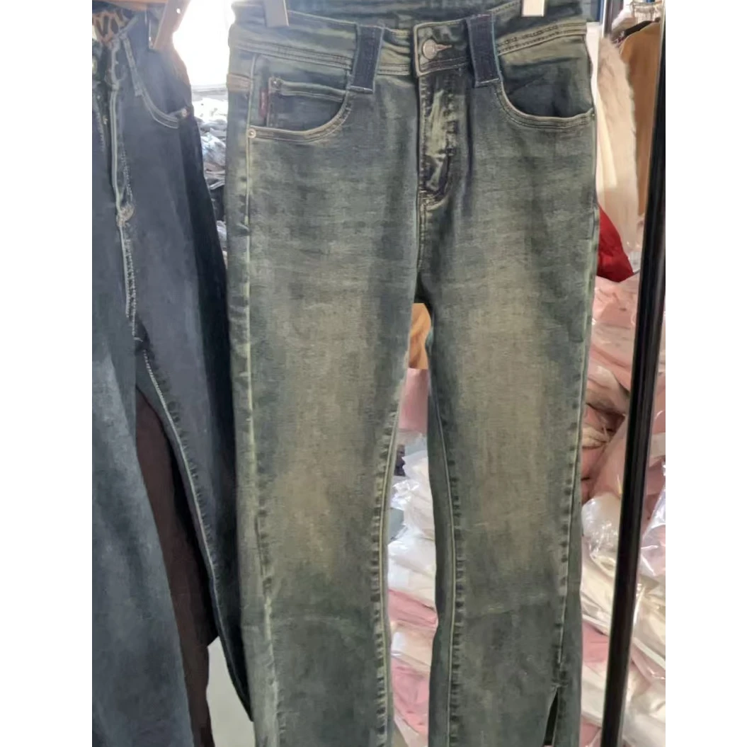 磨白高腰休闲风牛仔裤破洞直筒休闲春夏小脚弹力设计师水洗