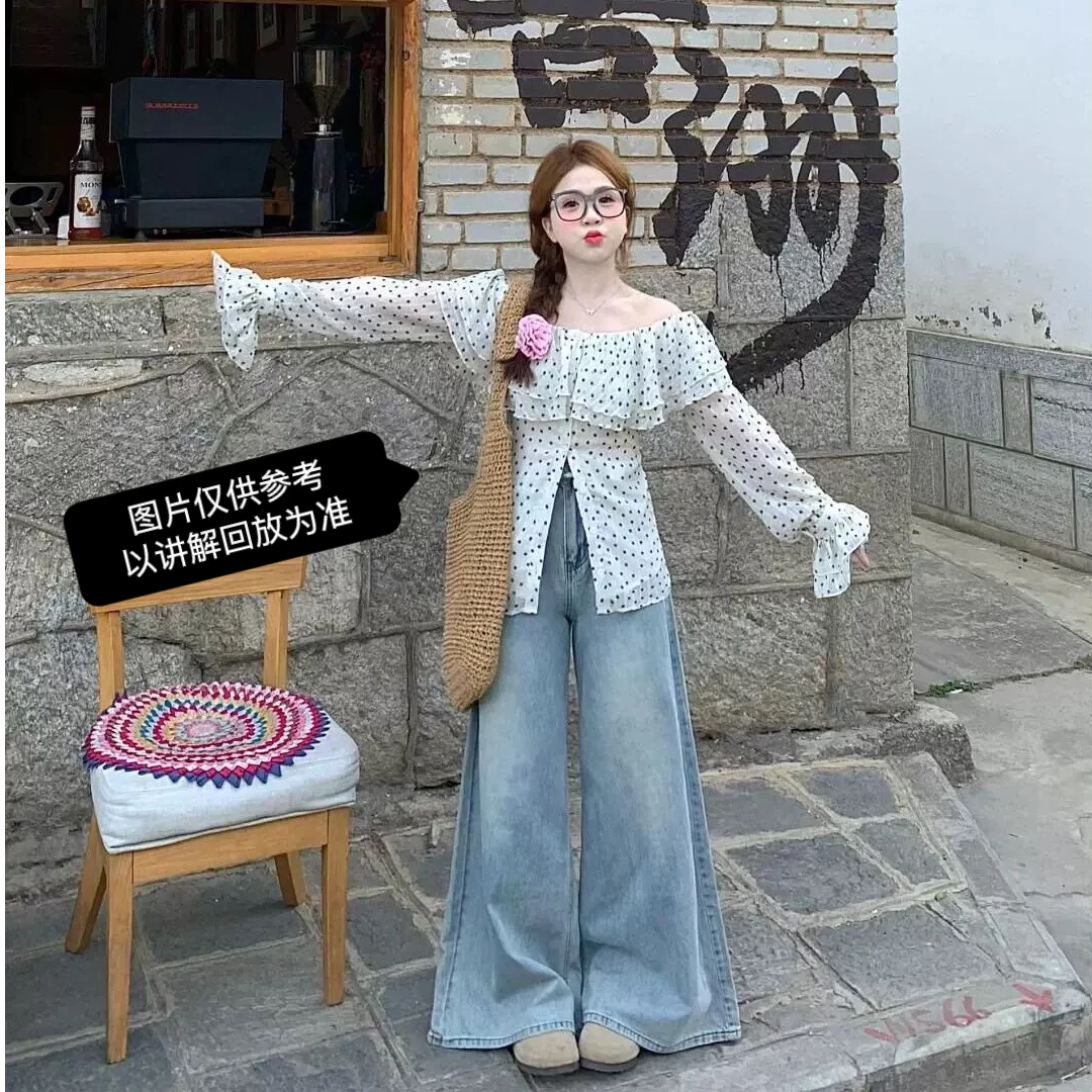 【嘎嘎.推荐】韩系温柔气质一字肩两穿收腰显瘦波点衬衣阔腿牛仔裤