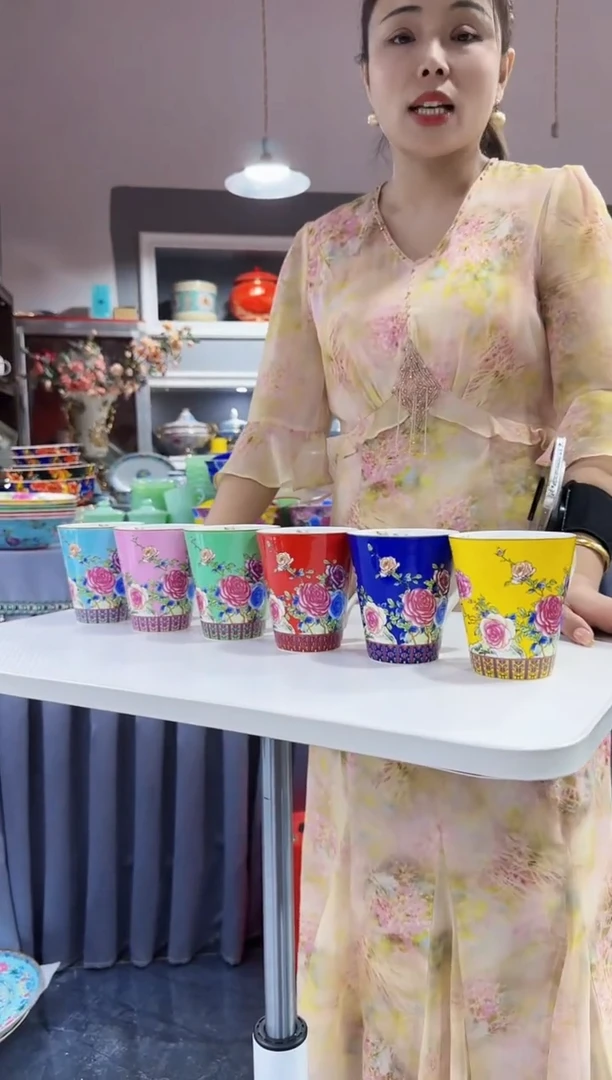 珐琅  牡丹花卉水杯6只装景德镇陶瓷
