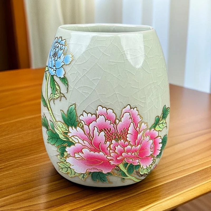 浮雕金边牡丹 哥窑茶道桶 H96