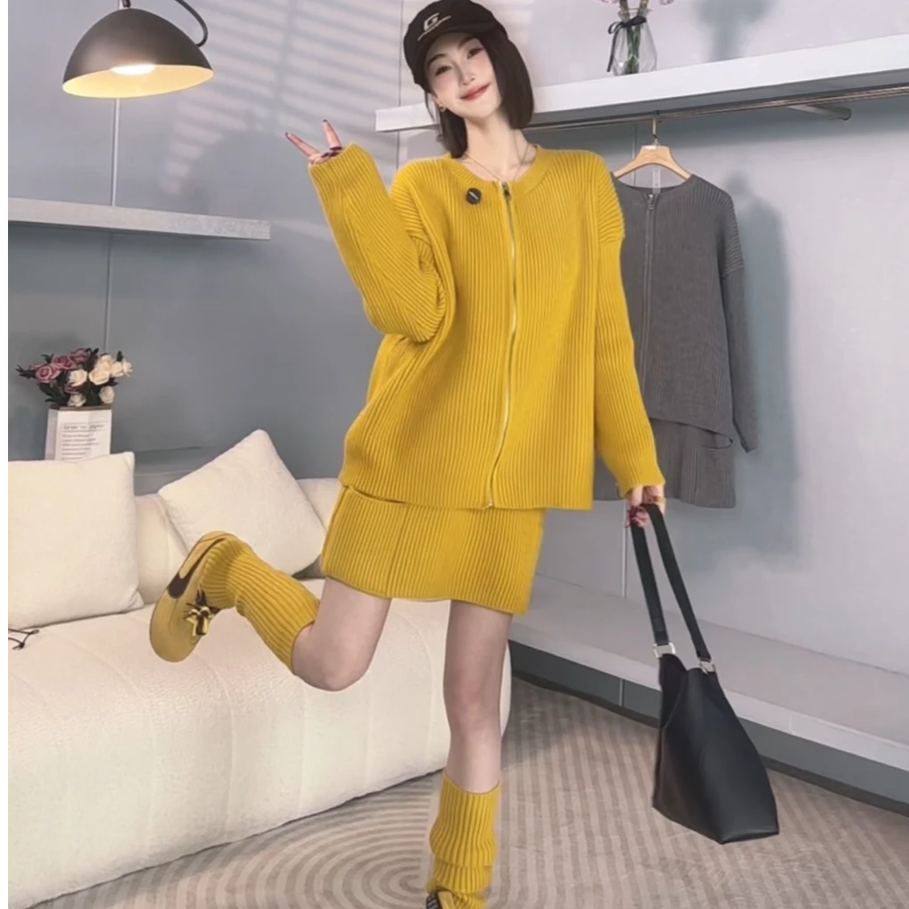 【三件套】小个子穿搭套装春秋新款气质宽松软糯毛衣开衫半裙女装潮