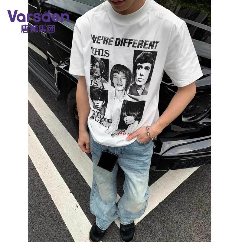 唐狮集团Varsden滚石乐队美式做旧印花短袖T恤男夏季纯棉圆领T恤