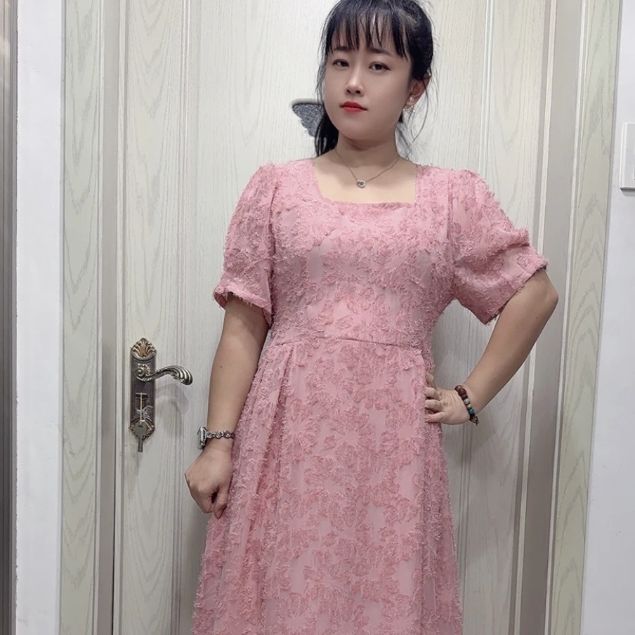 A字裙圆领方领高腰短袖中长裙常规挂脖夏季大码连衣裙