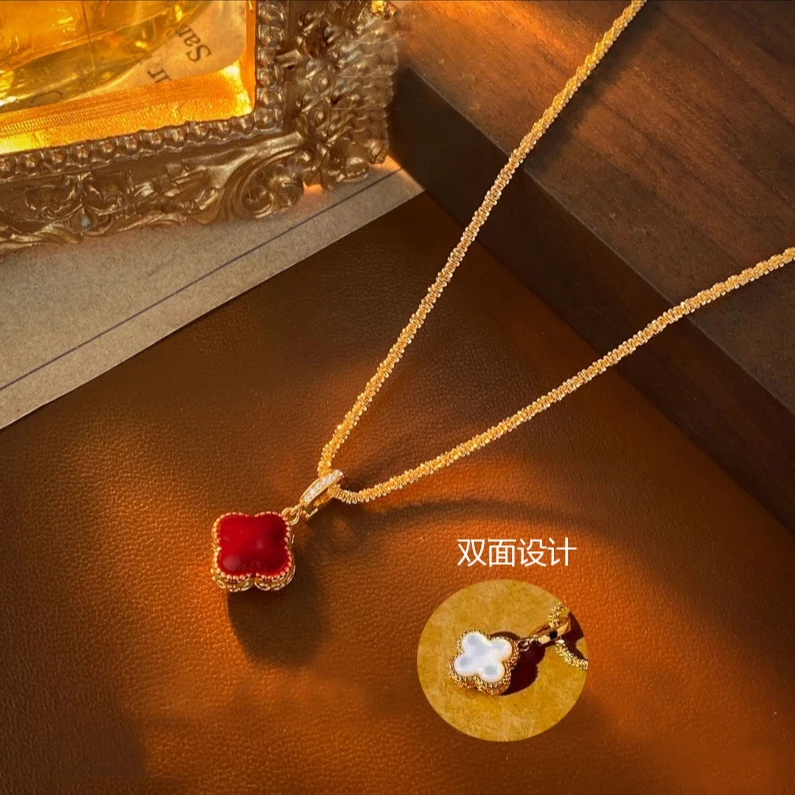 铜合金吊坠 气质百搭红色双面贝壳四叶草吊坠项链锁骨链配饰品