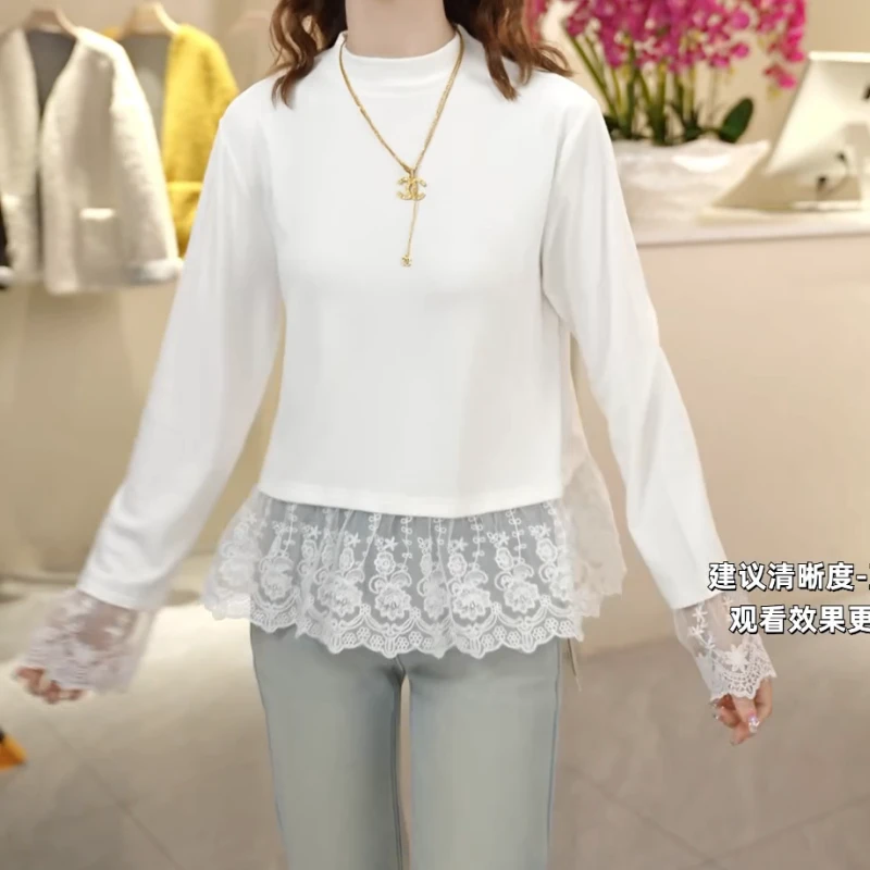 秋冬拼接蕾丝加厚简约时尚百搭长袖圆领减龄上衣LK2501121