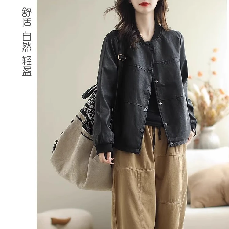 2025春秋新款宽松pu皮衣外套女休闲小个子棒球领黑色显瘦大码夹克