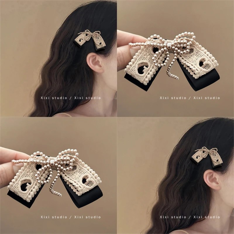 气场全开！蕾丝珍珠蝴蝶结发夹！复古侧边刘海夹前额碎发卡盘发器