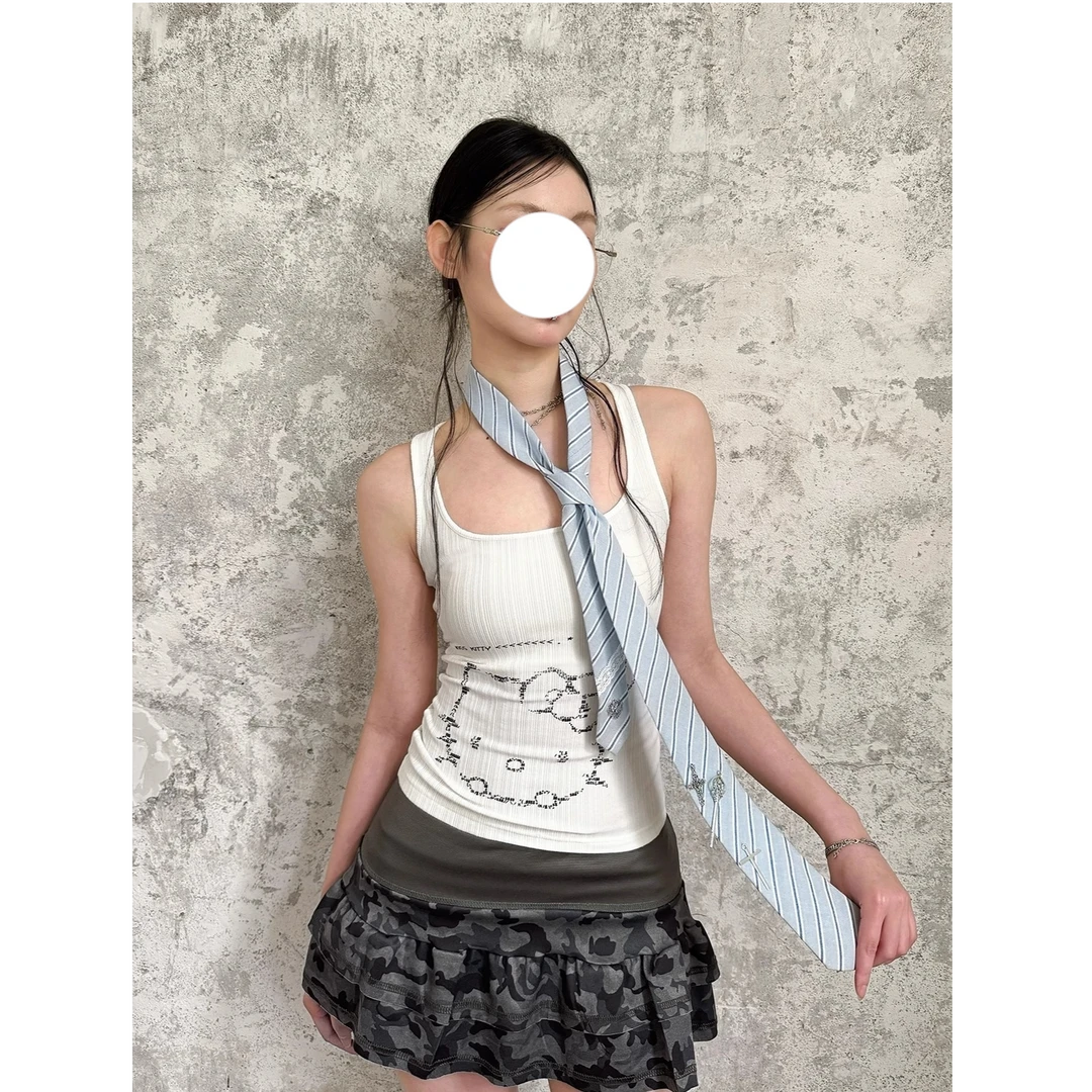 赛博电子kt印花拼蕾丝工字吊带背心女夏季新款设计感修身显瘦上衣