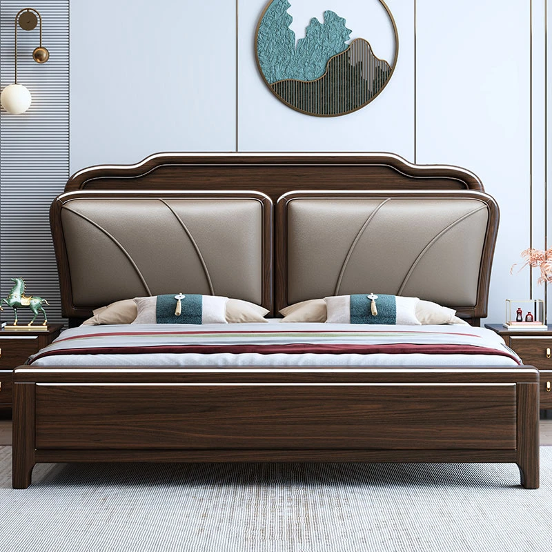 实木床新中式双人床主卧轻奢大床真皮软包简约现代储物床家用单人
