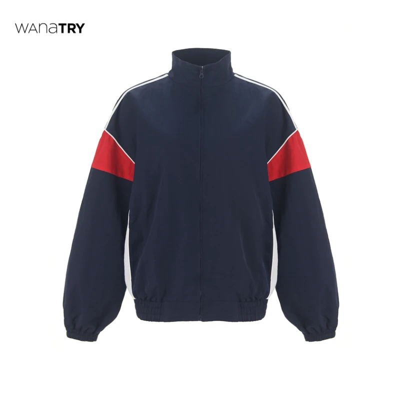 【自播专享】Wana Try【杨蓉同款】藏青色复古拼袖运动夹克（早春新品）