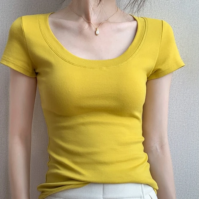 低领短袖T恤女夏季新款黄色百搭纯棉半袖小众炸街高级感女装