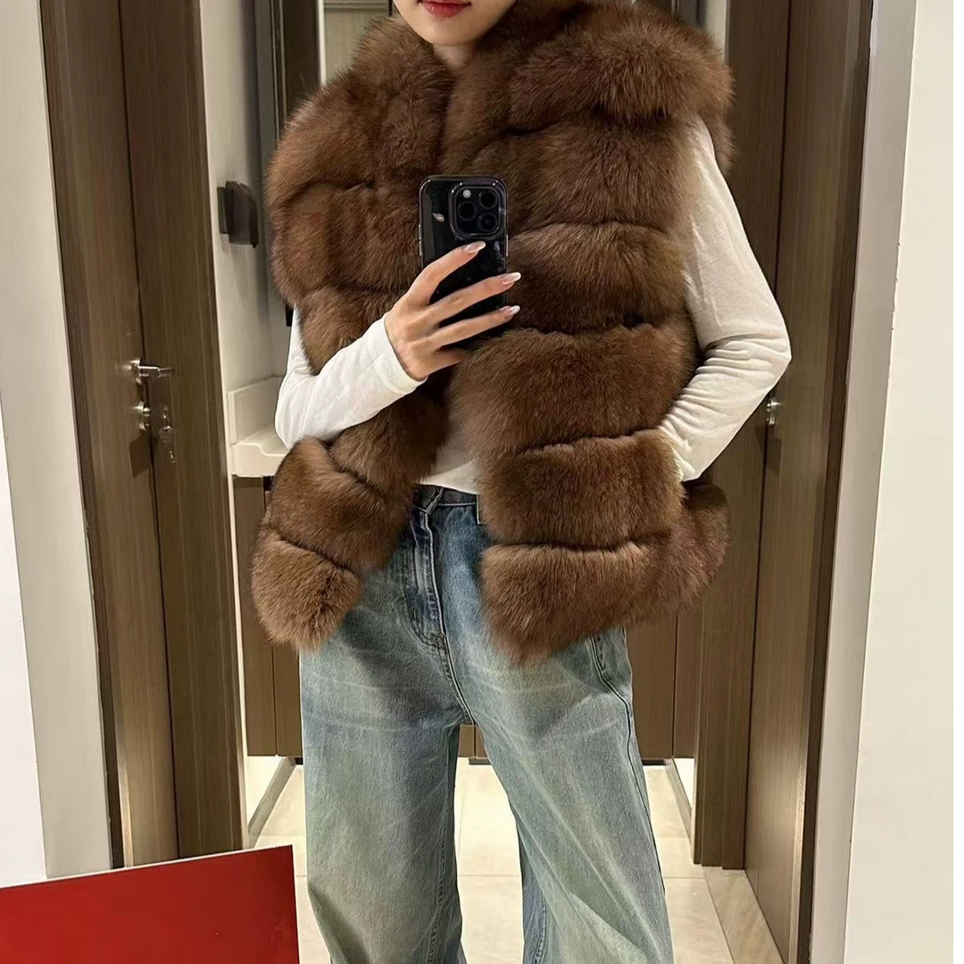 网红新款小立领横排真毛秋冬马甲女短款外套